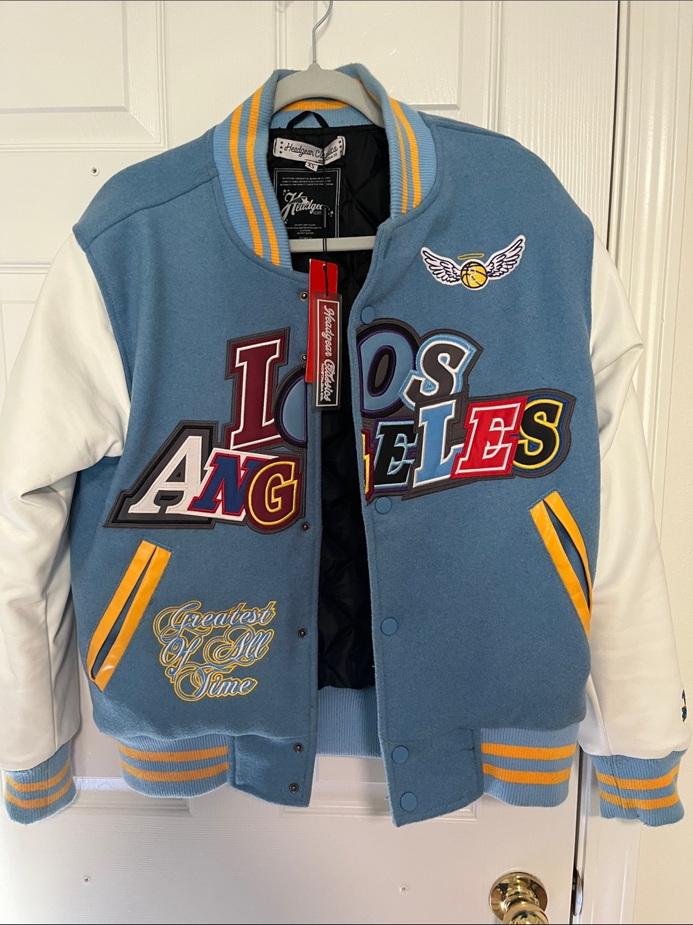 Heritage Light Blue, White & Yellow Kids' Varsity Jacket - Los Angeles Patch